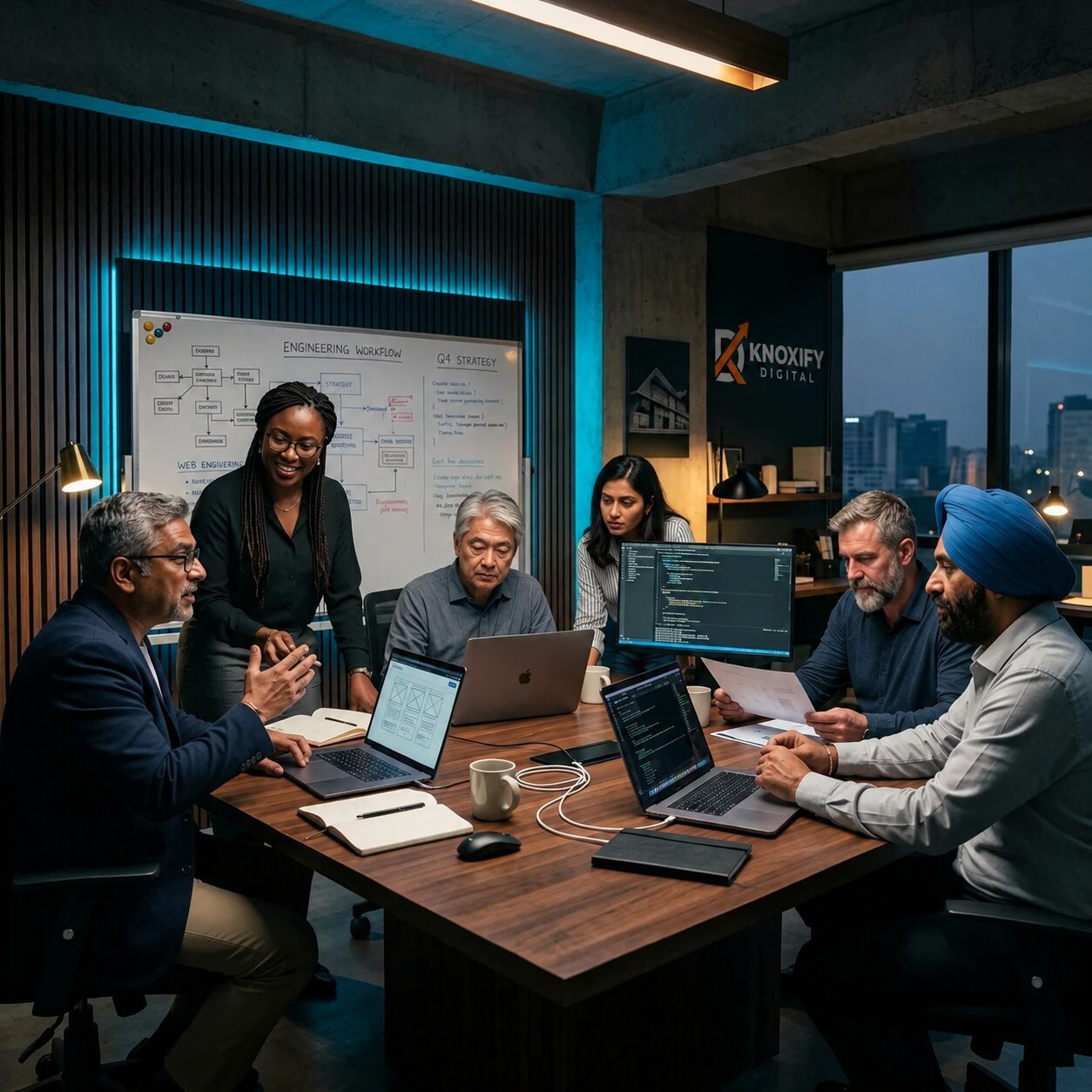  Knoxify Digital logo displayed on the office wall as a diverse team collaborates on digital marketing, software development, and business strategy in a modern workspace.